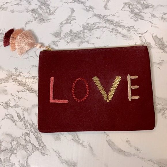 Stella and Dot Embroidered Love Pouch red new - Picture 1 of 5